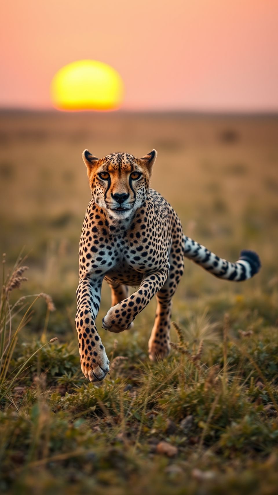 Cheetah running in the wild during sunset with blurred background