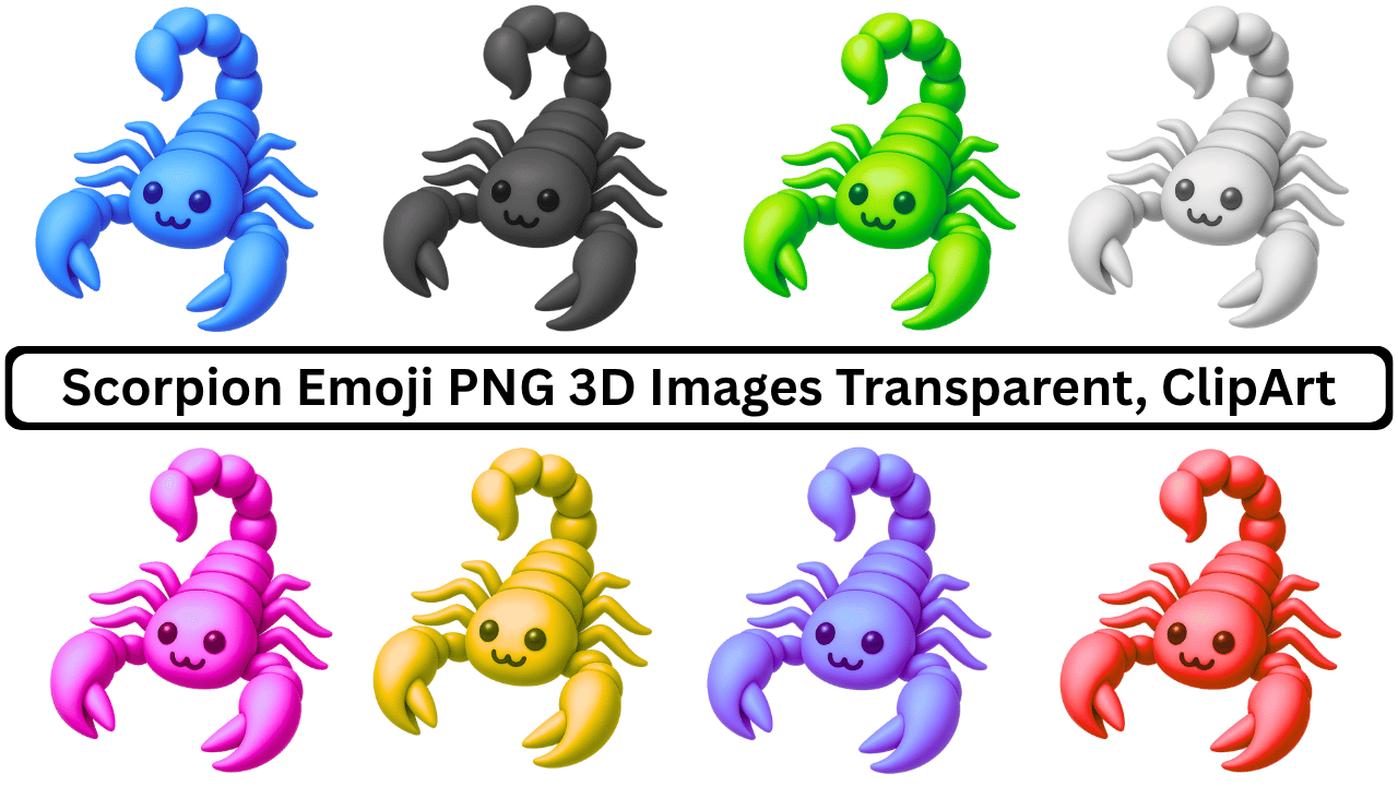 Colorful 3D scorpion emoji PNG set with transparent background and kawaii cartoon style