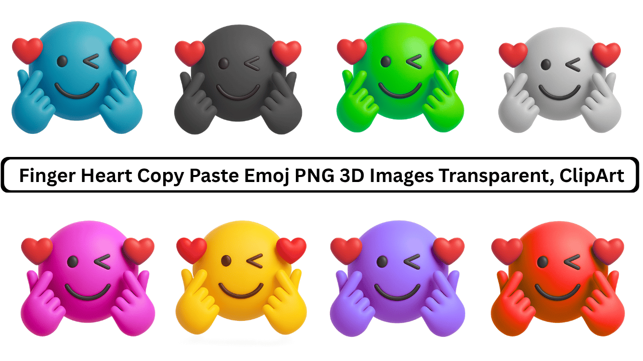 Collection of colorful 3D Finger Heart emojis with wink gesture and red hearts.