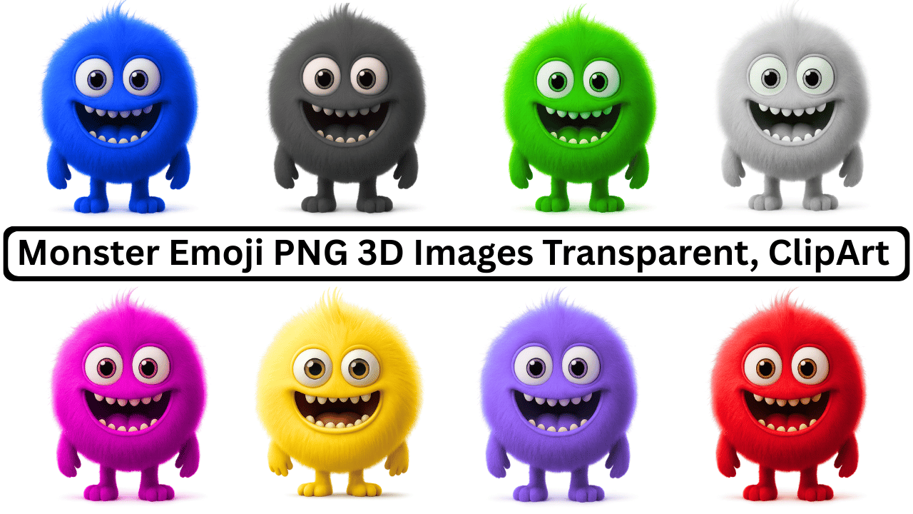 Set of colorful furry monster emoji PNG 3D cartoon characters with big eyes and smiles
