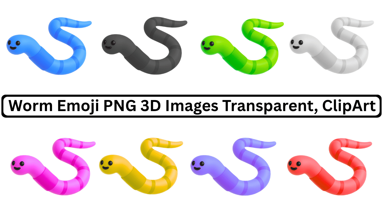Colorful 3D worm emoji set with blue, black, green, white, pink, yellow, purple, red designs.