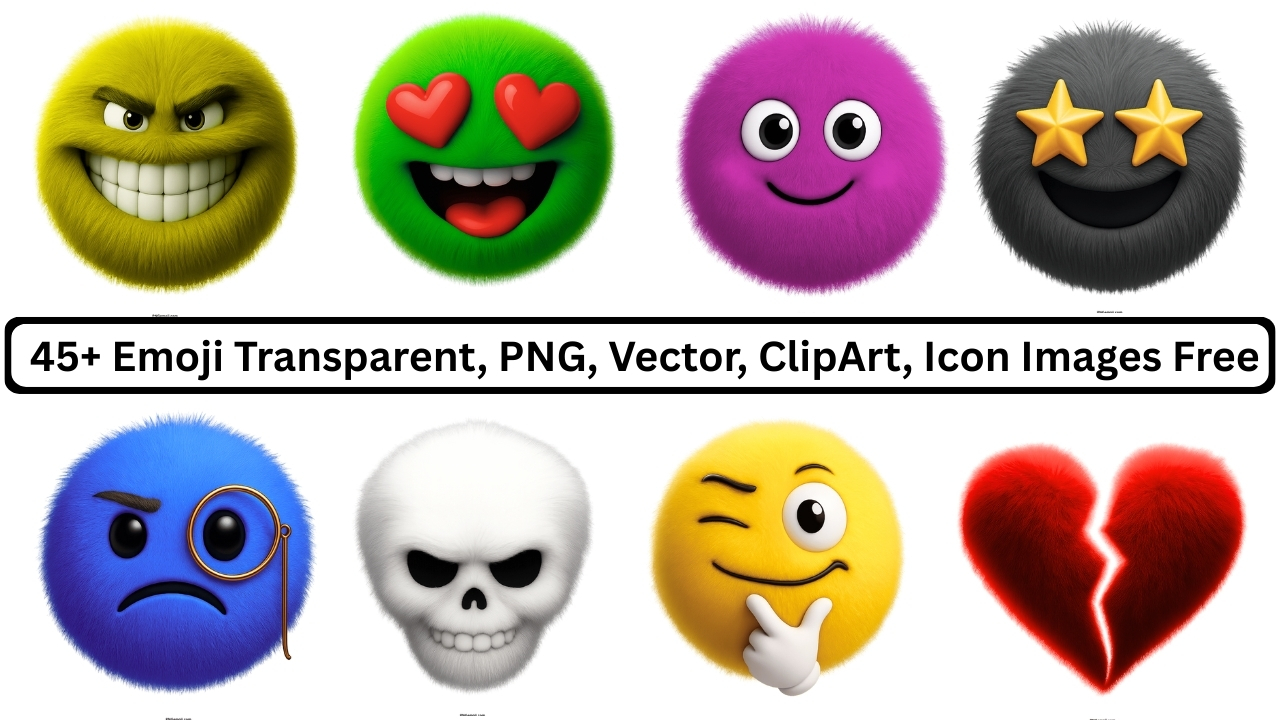 Collection of colorful emoji icons in 3D style including happy, sad, love, skull, and heart
