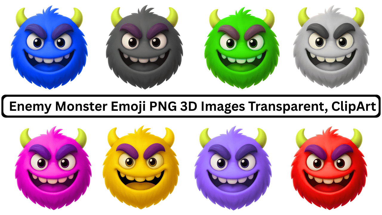 Colorful 3D enemy monster emoji collection with furry faces, horns, and mischievous smiling expressions