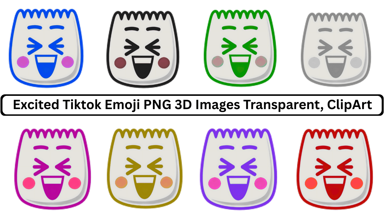 Set of excited TikTok emoji PNG 3D images with different color schemes and transparent backgrounds.