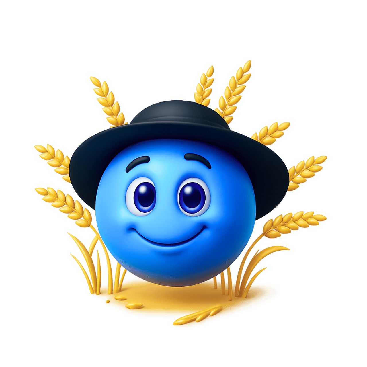3D farmer emoticon emoji with blue smiling face, black hat, and golden wheat background