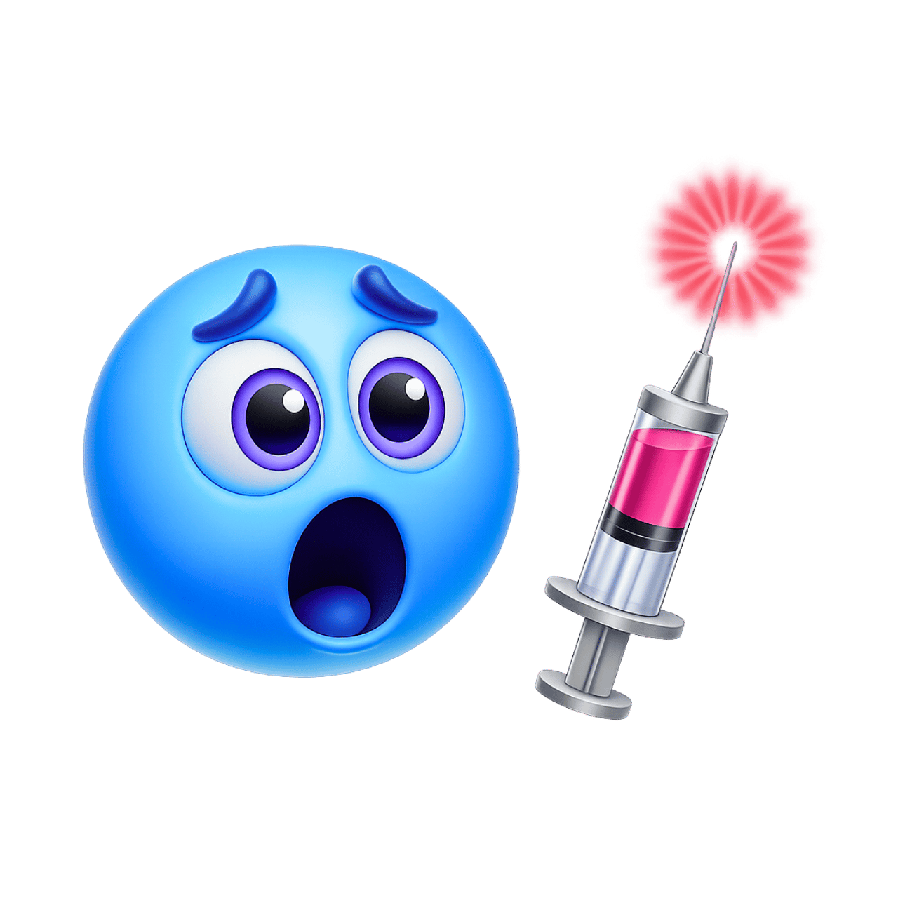 Blue scared emoji face with syringe representing fear of injections and vaccination anxiety