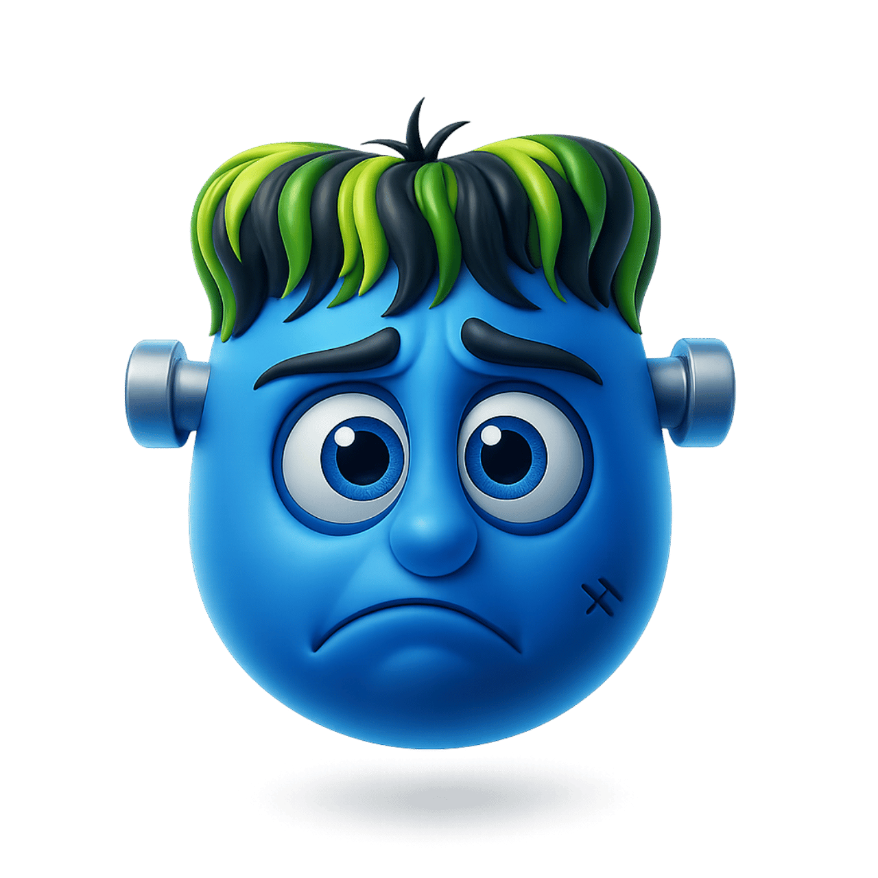 Franken-smiley blue monster emoji with sad face and cartoon expression in 3D style