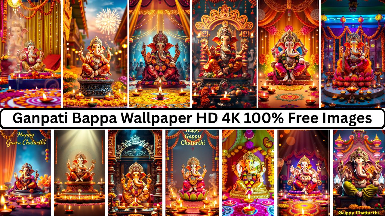 High-quality Ganpati Bappa wallpaper HD 4K with festive decorations and vibrant colors for Ganesh Chaturthi