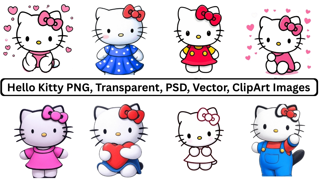 Collection of Hello Kitty PNG images in different dresses, bows, and poses with transparent background