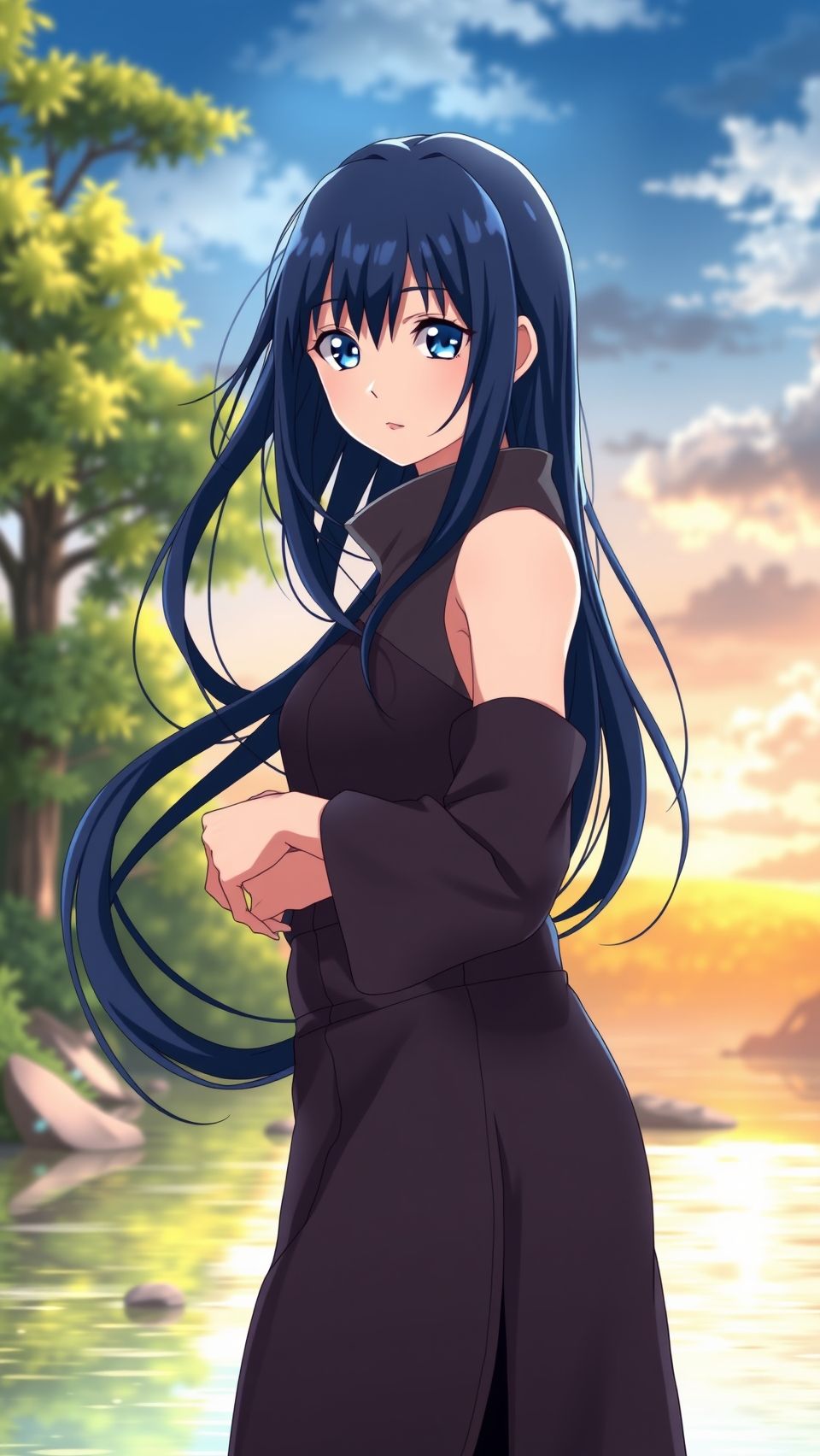 Anime Hinata Hyuga wallpaper from Naruto with long dark hair and sunset background