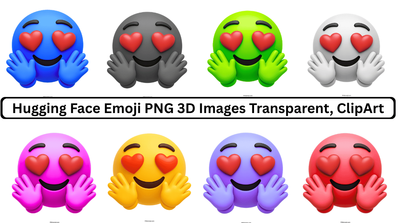 3D hugging face emoji with heart eyes in multiple colors, transparent background clipart PNG