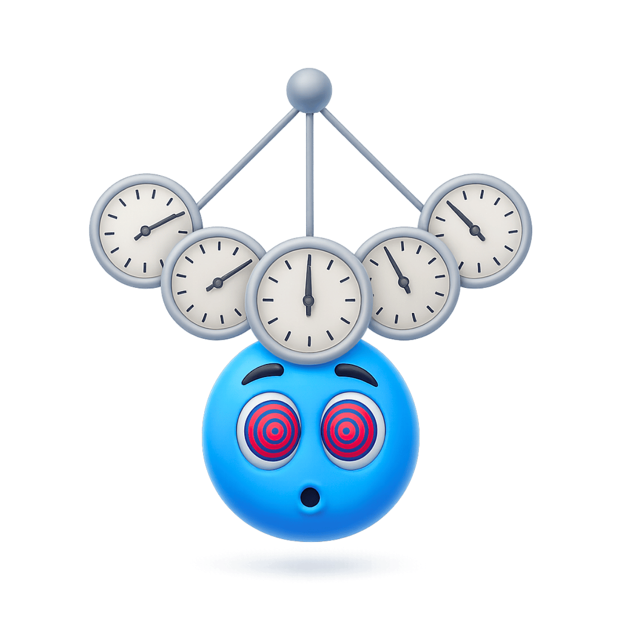 Hypnotized blue emoticon emoji with dizzy eyes and hanging clocks illustration