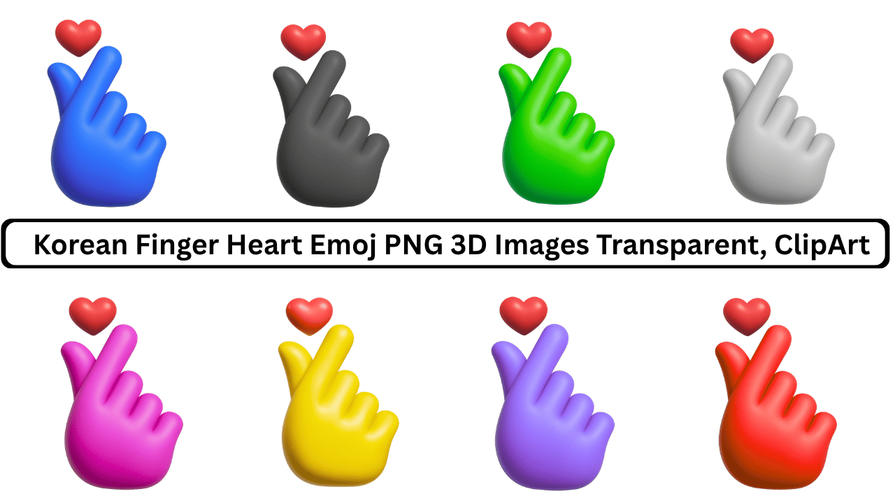 orean finger heart emoji 3D colorful PNG transparent clipart with different hand colors and heart shape.
