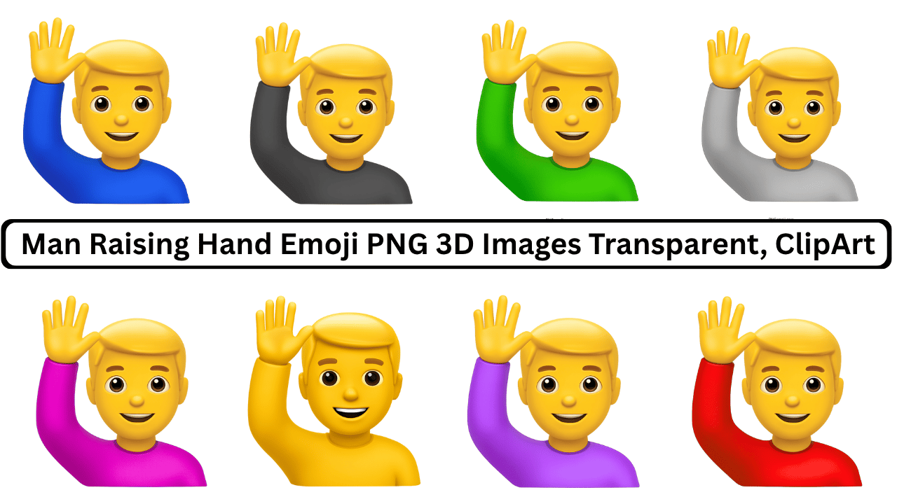 Man raising hand emoji in different colored shirts: blue, gray, green, purple, yellow, and neutral.