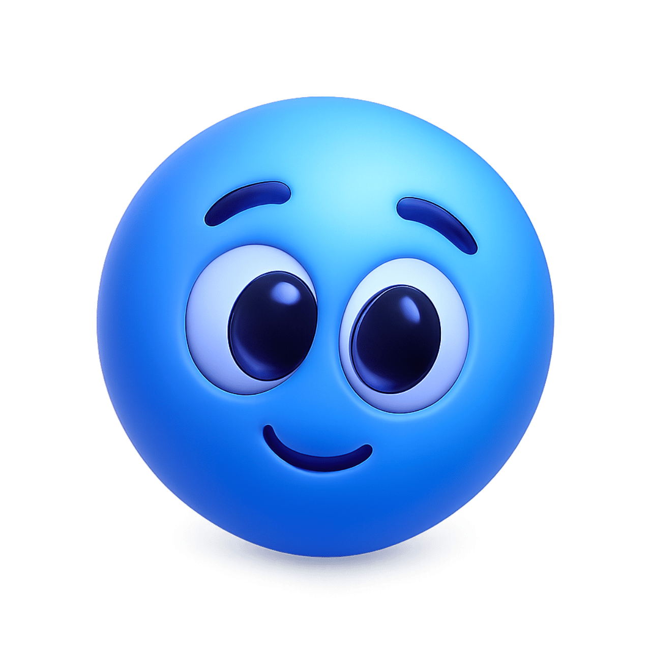 Modest blue emoticon emoji with big eyes and a shy smile on a transparent background.