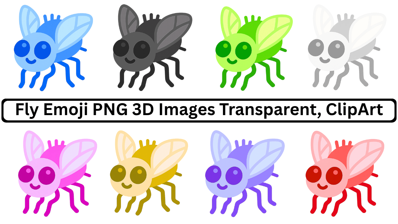 Colorful 3D fly emojis in blue, green, red, pink, and more on transparent background