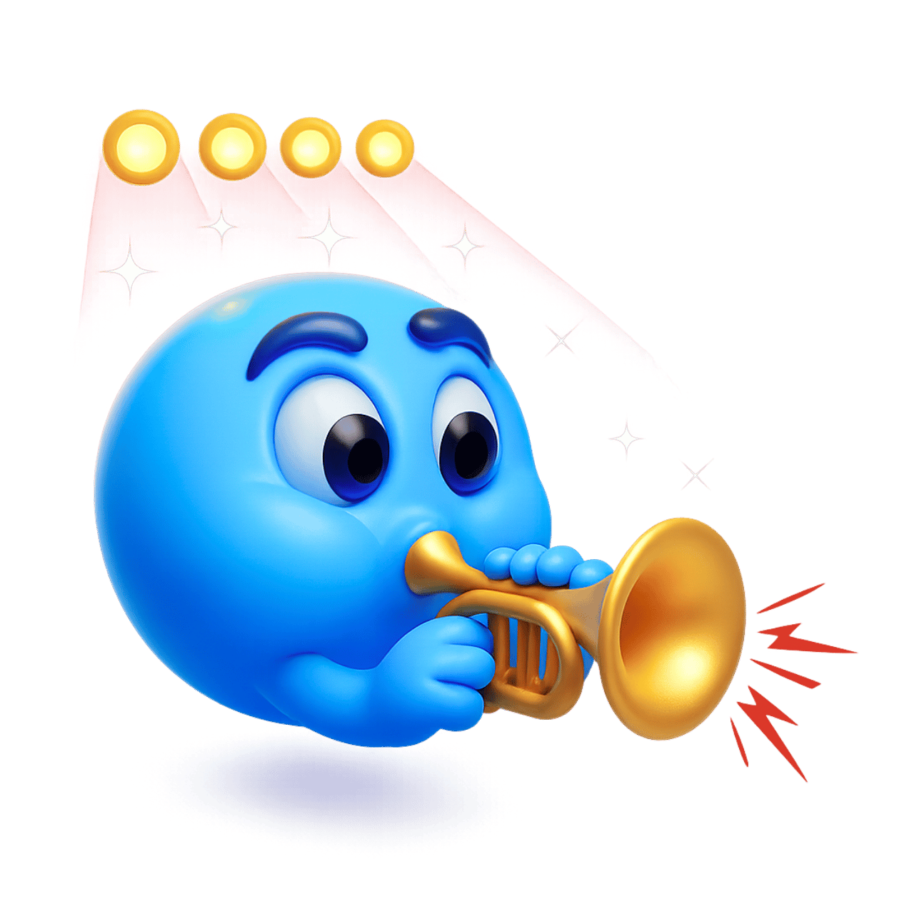 3D blue musician emoticon emoji playing golden trumpet with sparkles and stage lights