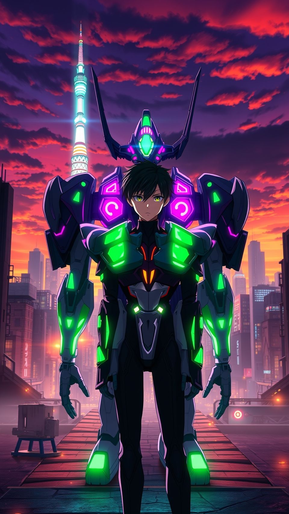 Neon Genesis Evangelion anime wallpaper with Shinji Ikari and futuristic mecha glowing in cityscape