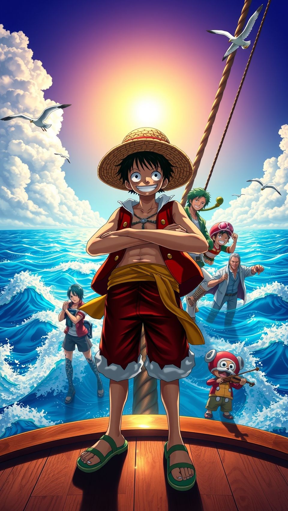 Luffy and his crew standing on the Thousand Sunny in One Piece anime, ocean backdrop.