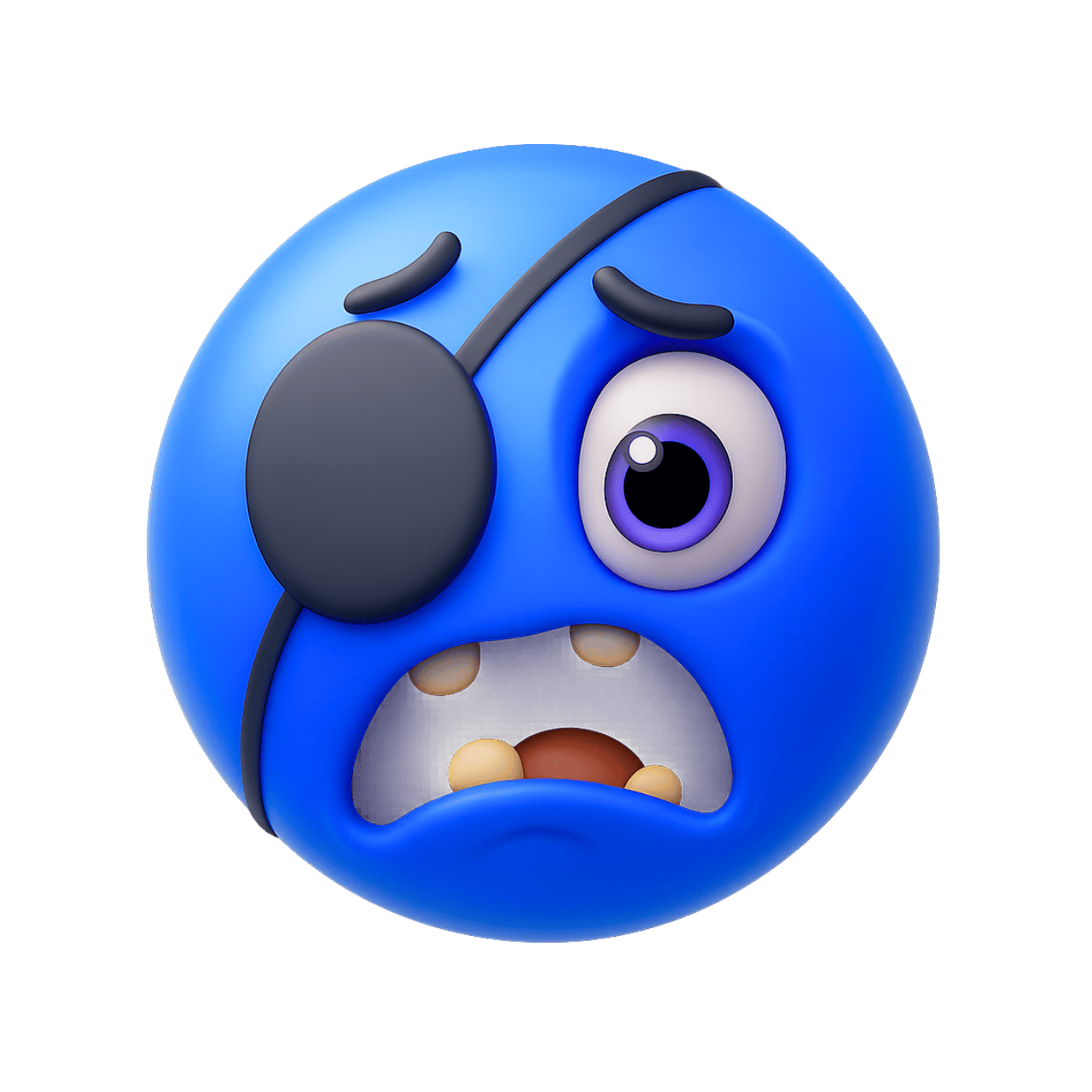 3D blue patch emoji with eye patch and shocked scary face expression