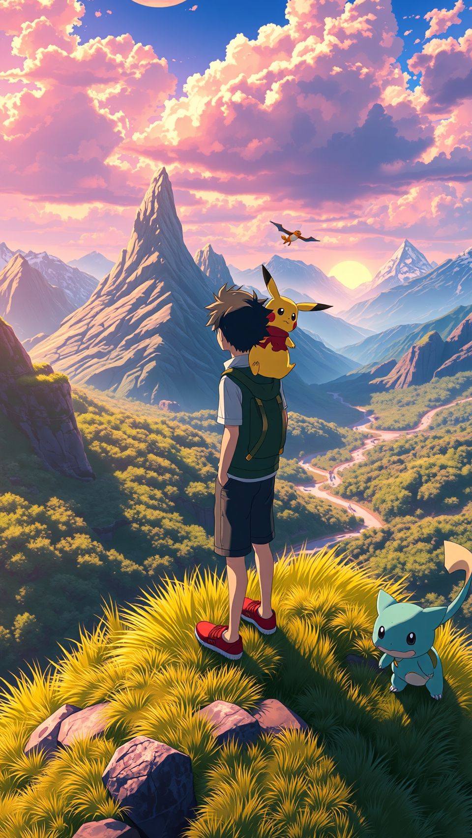Ash Ketchum with Pikachu and Pokemon overlooking mountain sunset anime wallpaper