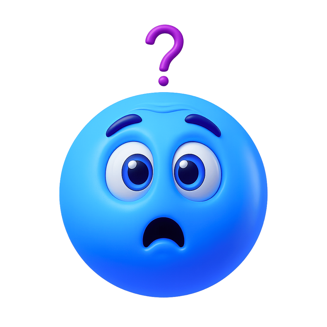 Blue questioning emoticon emoji with raised eyebrows, wide eyes, and purple question mark