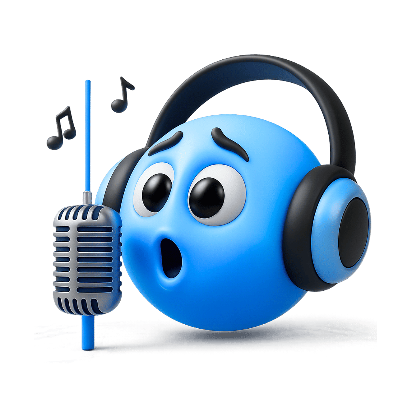 3D singing emoticon emoji with headphones and microphone expressing music passion in blue style