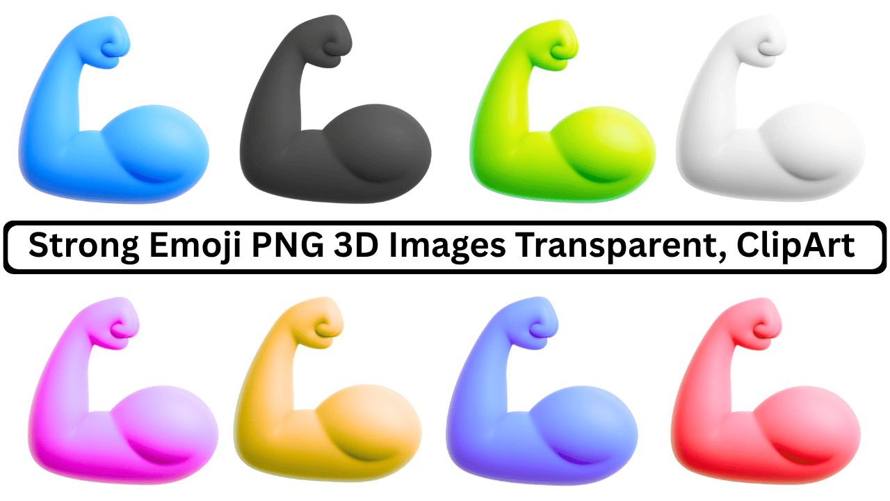 3D strong emoji flexed biceps arm PNG images set in multiple colors with transparent background
