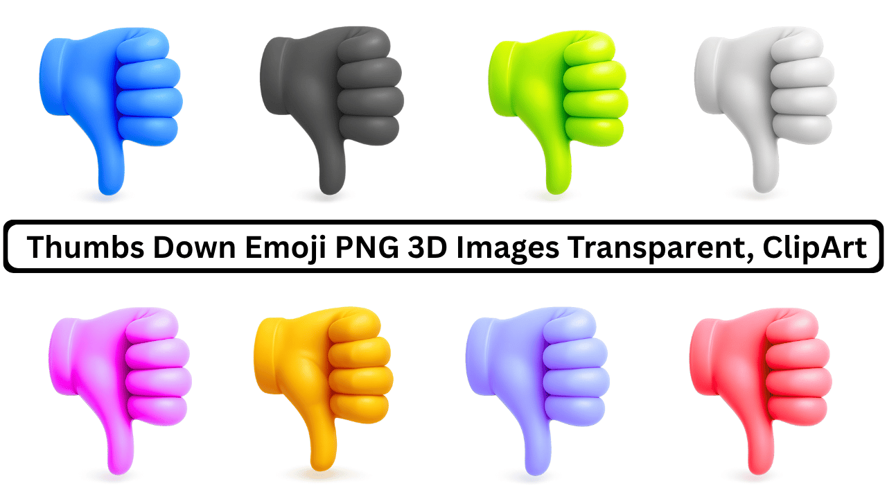 Thumbs down emoji in various colors (blue, black, green, white, pink, yellow, purple, and red) with 3D effect and transparent background.