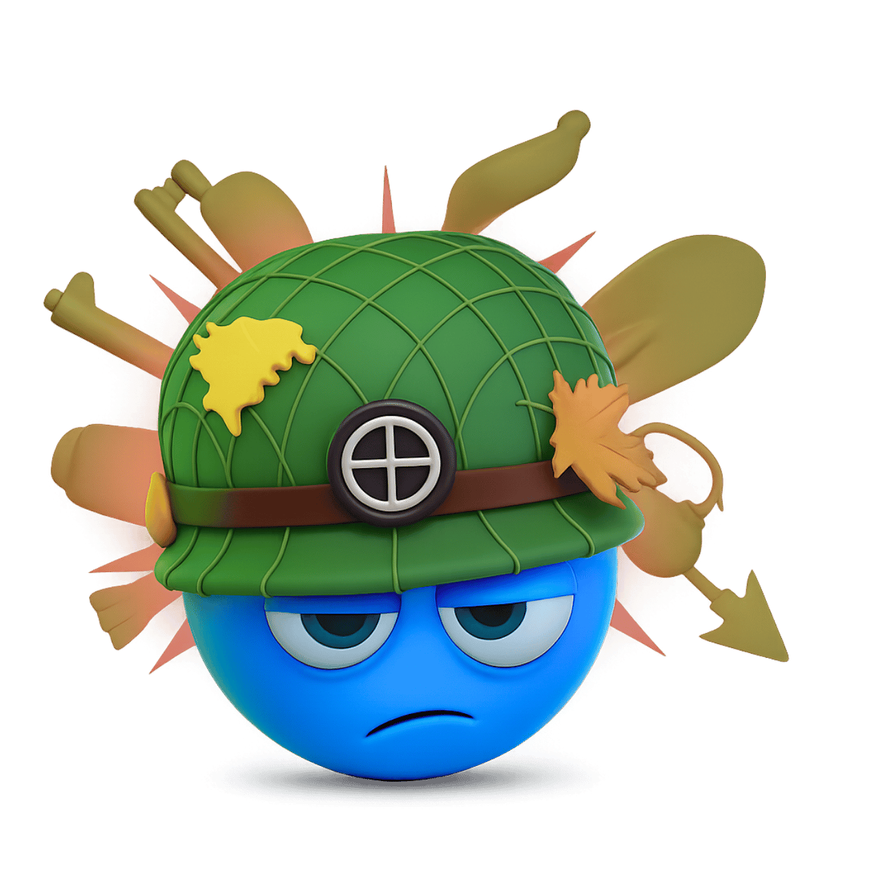 3D warrior emoticon emoji with blue face and green army helmet design
