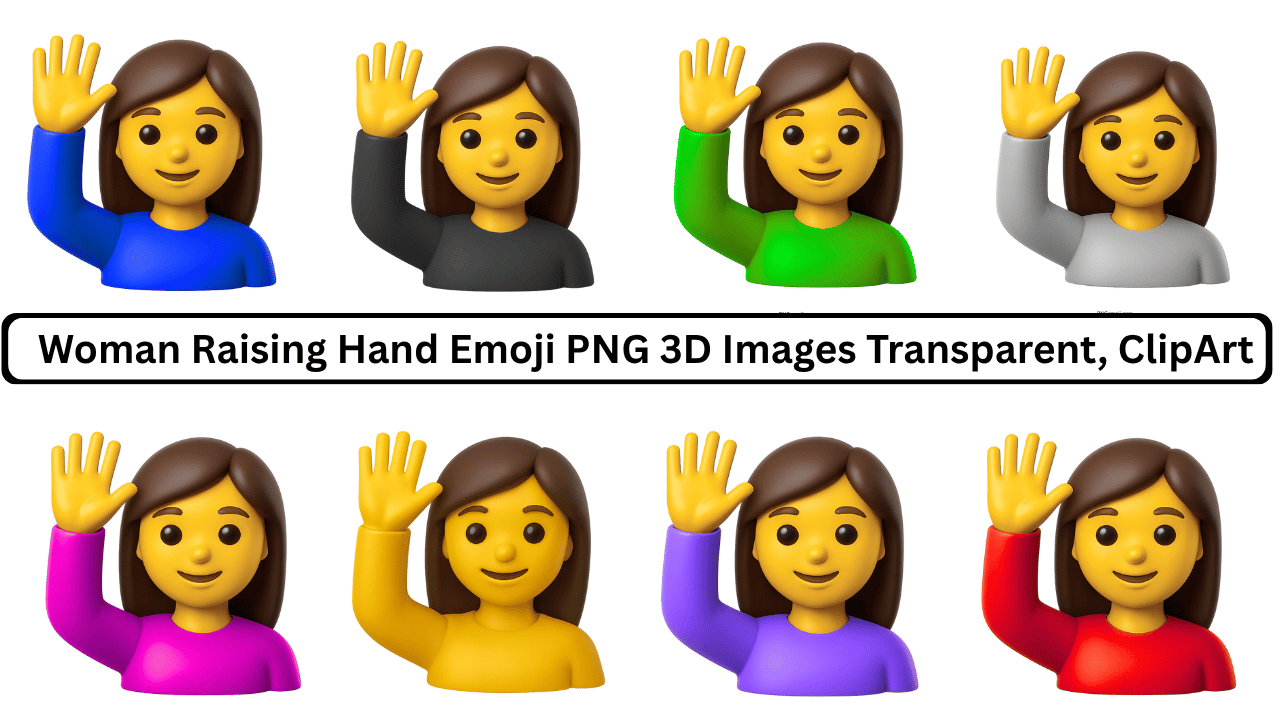 Collection of 3D woman raising hand emoji in various colored shirts.
