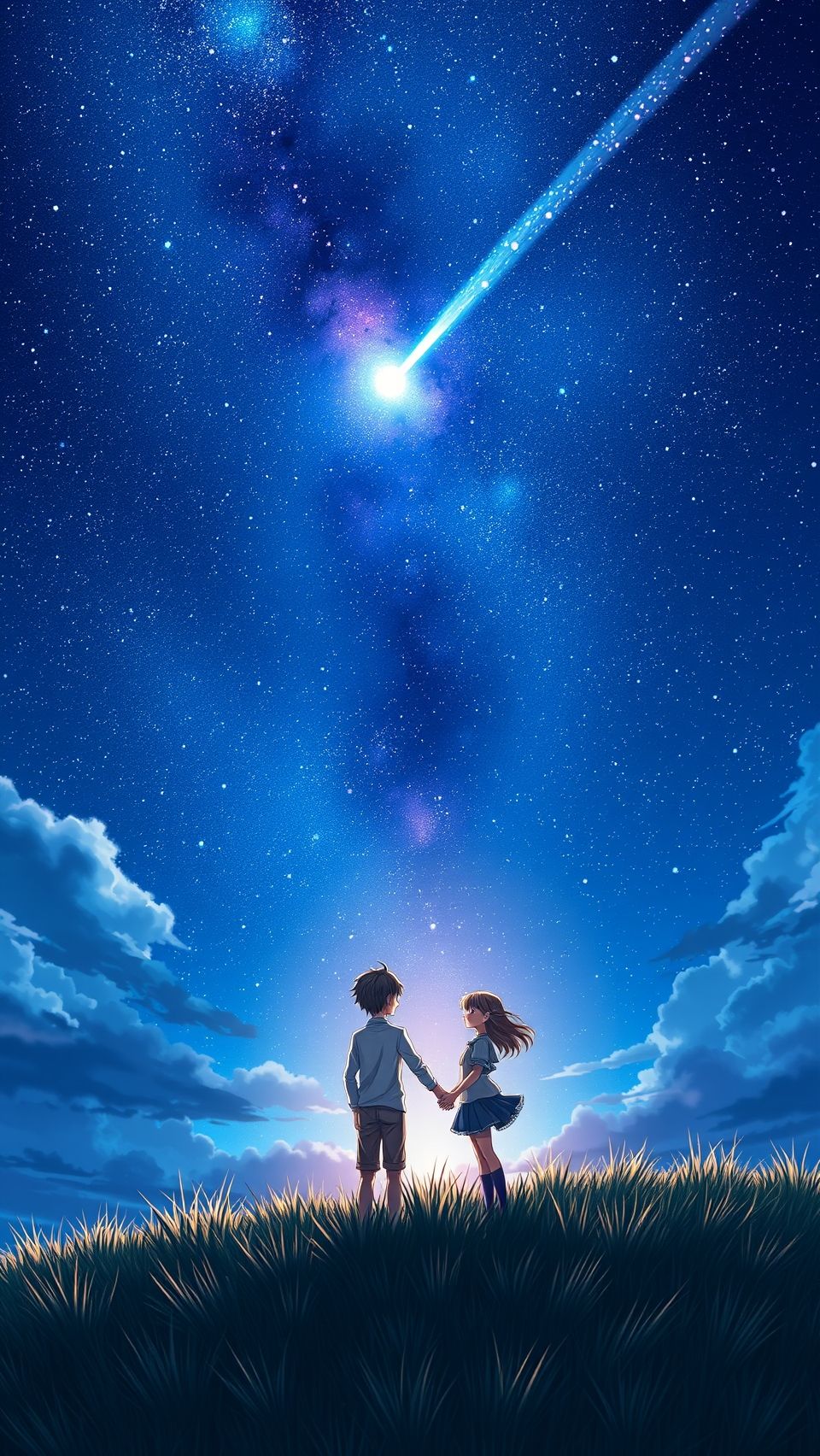 Anime couple holding hands under starry sky with shooting star inspired by Your Name