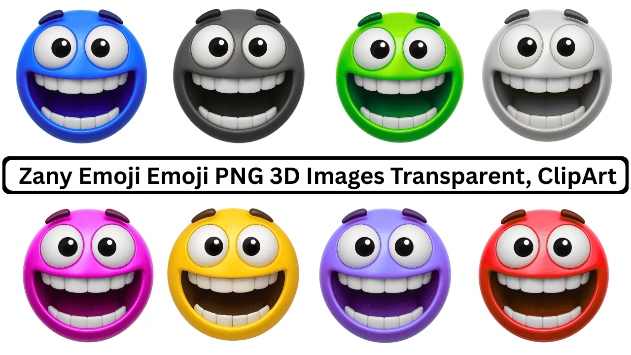Zany emoji emoji 3D multicolor funny faces with wide smiles and cartoon eyes