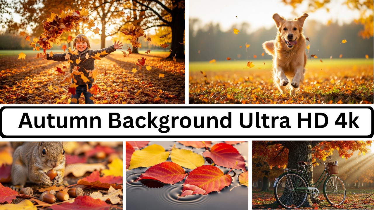 Ultra HD 4K autumn background featuring trees, leaves, animals, bicycle, and seasonal nature