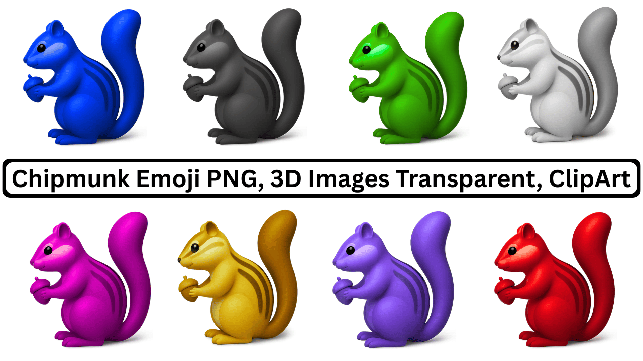 A collection of 3D chipmunk emojis in various colors, each holding an acorn, with transparent backgrounds.