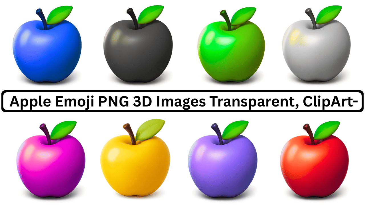 A collection of 3D apple emojis in blue, black, green, white, pink, yellow, purple, and red.
