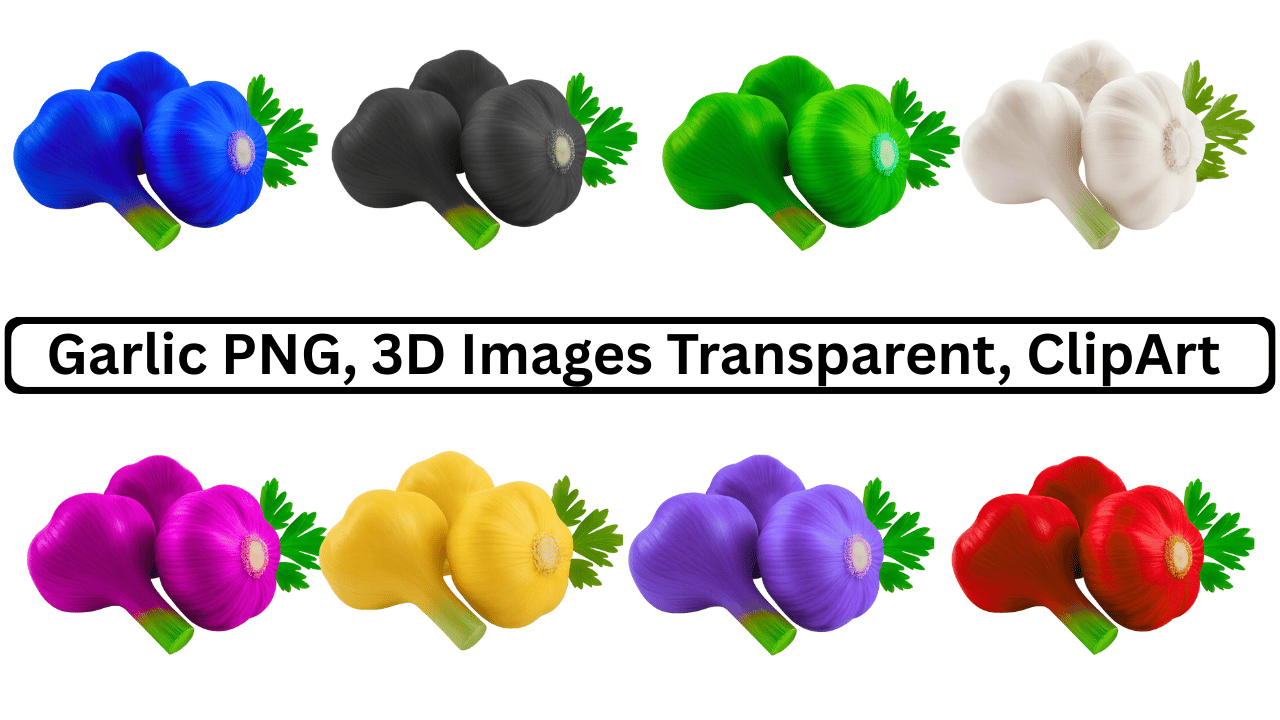 Collection of colorful 3D garlic bulbs in various hues with parsley, transparent PNG clipart.