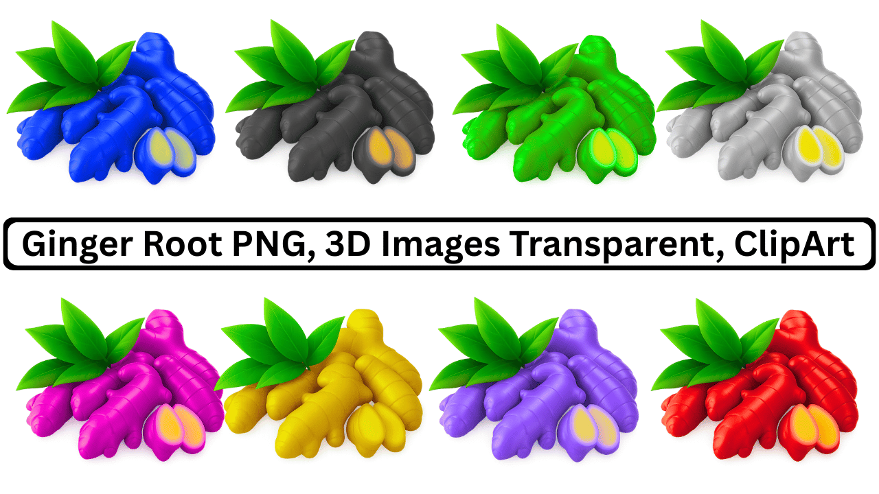 Collection of colorful 3D ginger root PNG images in blue, black, green, gray, magenta, yellow, purple, and red, with transparent backgrounds.