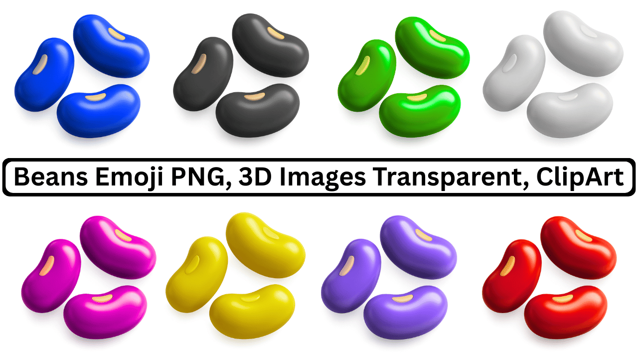 A vibrant collection of 3D beans emoji in blue, black, green, white, magenta, yellow, purple, and red.
