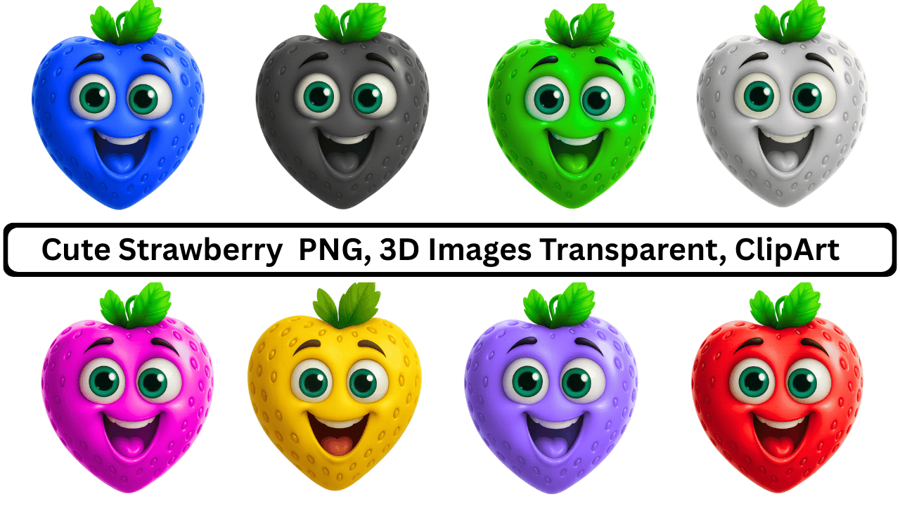 A collection of eight happy, heart-shaped strawberry cartoon characters in various colors.
