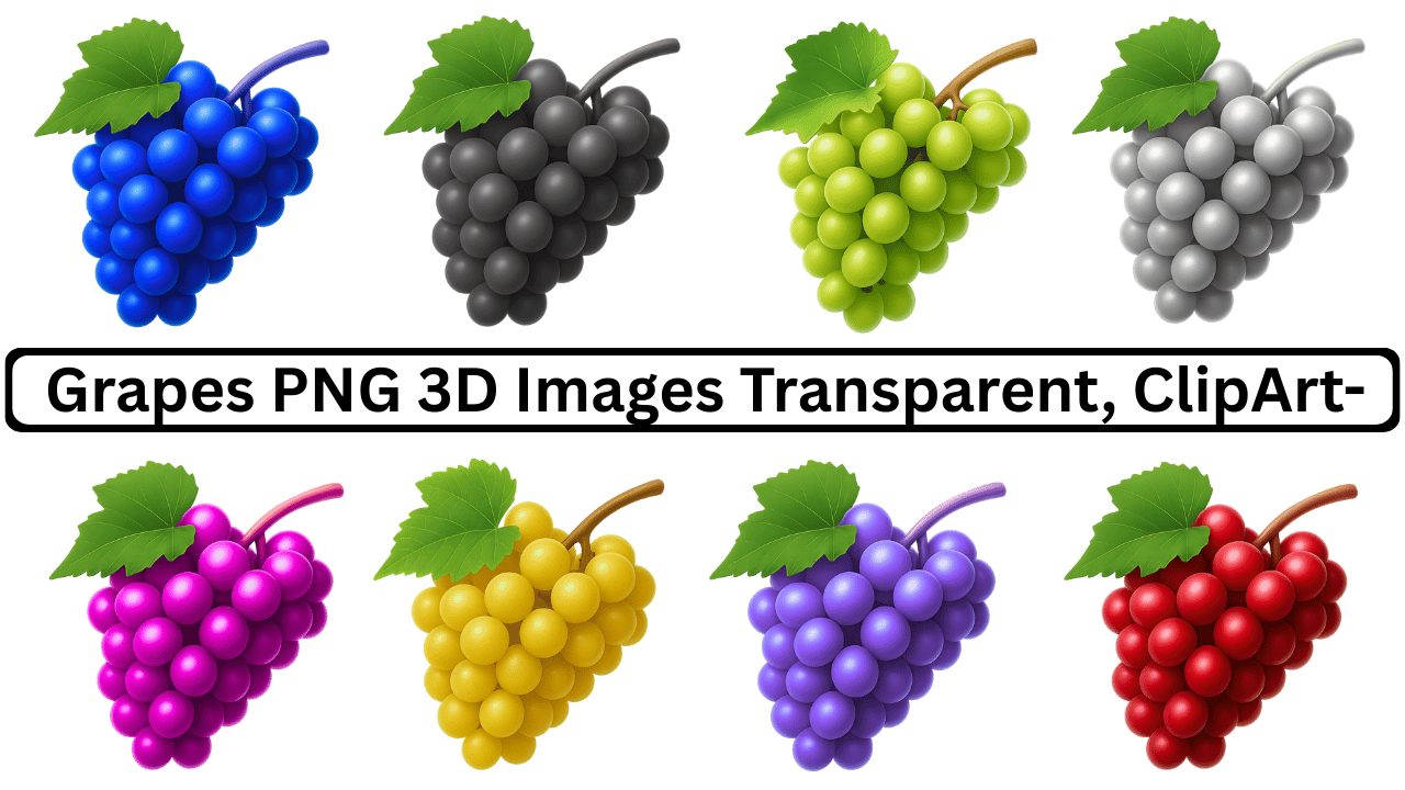 Eight 3D transparent PNG grape bunches in blue, black, green, white, pink, yellow, purple, and red