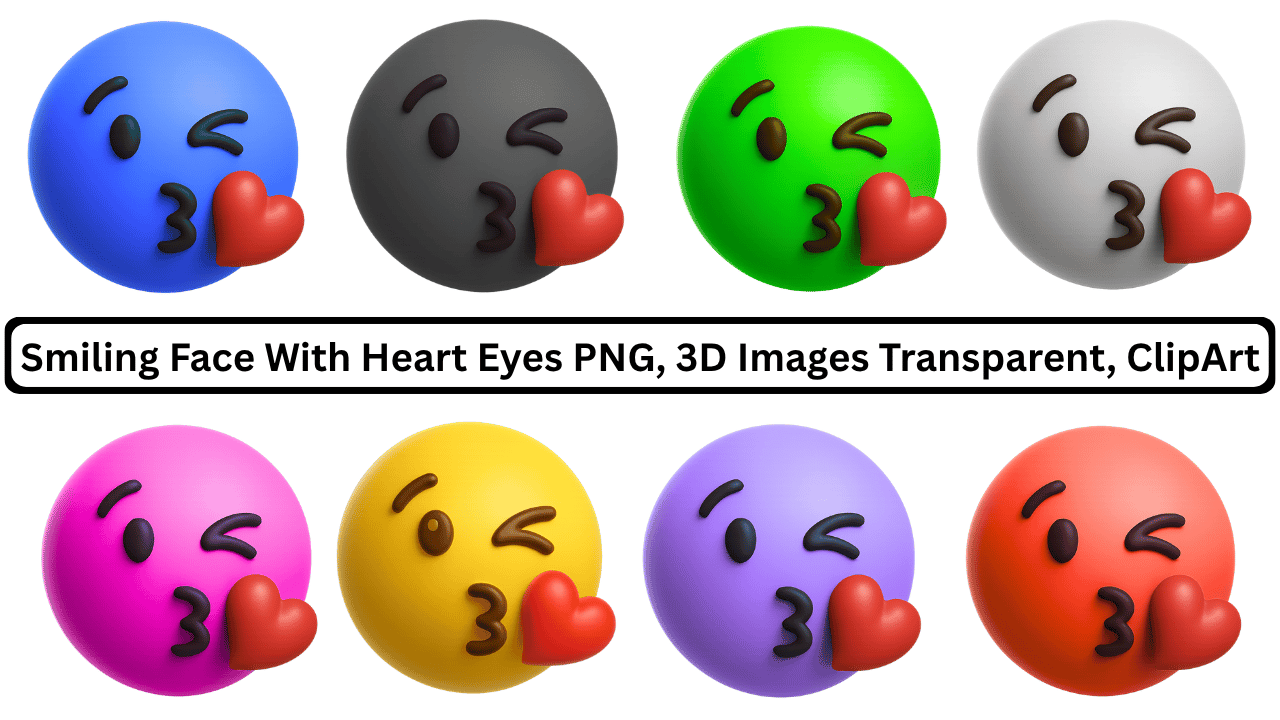 A collection of 8 diverse 3D kissing emojis in various colors with red hearts.