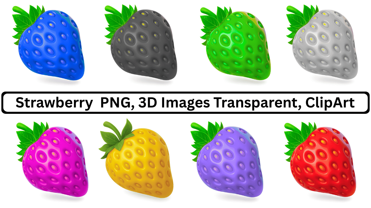 Collection of colorful 3D rendered strawberries: blue, grey, green, white, pink, yellow, purple, and red.