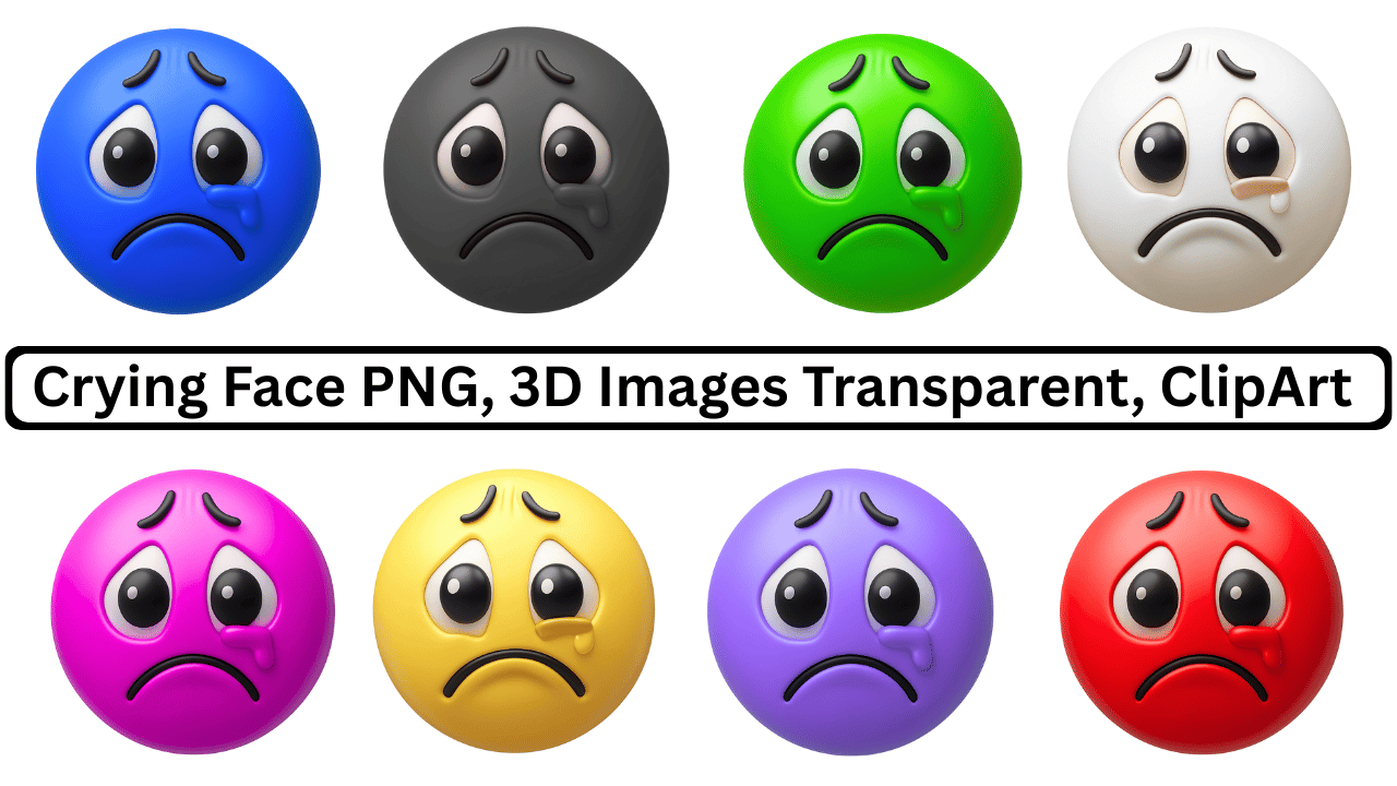 3D crying face emoji PNG in multiple colors showing sadness and emotional expression clipart