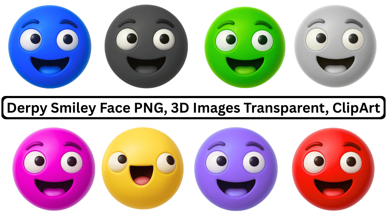 Set of colorful derpy smiley face 3D emojis with silly happy expressions PNG