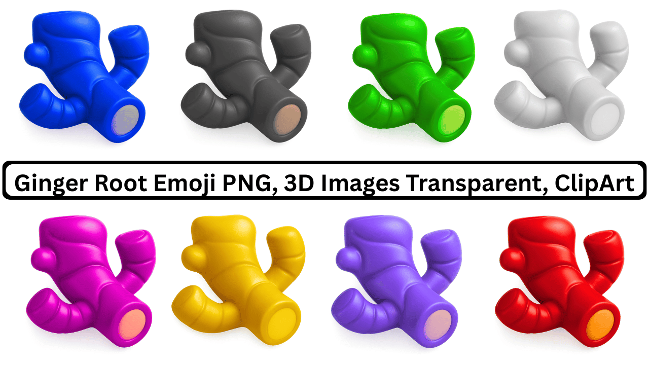 Collection of 3D ginger root emojis in blue, gray, green, white, pink, yellow, purple, and red.