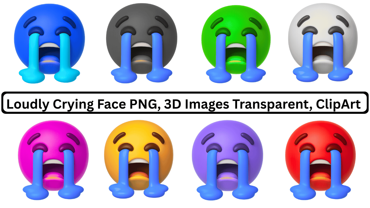 A collage of 3D loudly crying face emojis in blue, gray, green, white, pink, yellow, purple, and red with tears.
