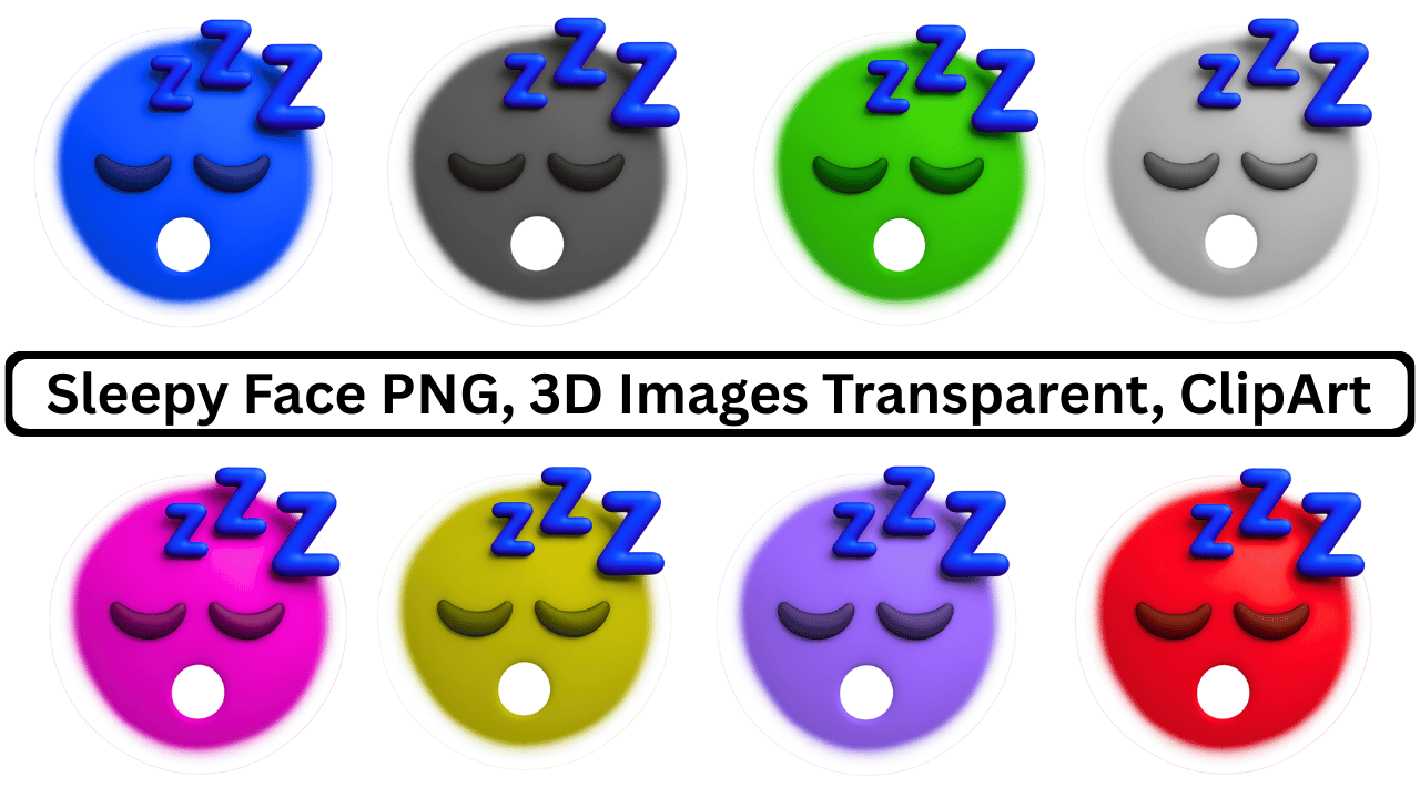A collage of 3D sleepy face emojis in blue, gray, green, white, pink, yellow, purple, and red with "Zzz".