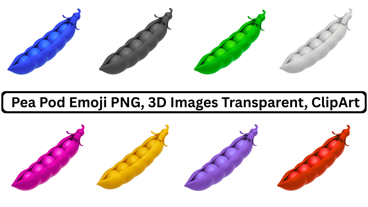 A collection of 3D pea pod emojis in various colors with visible peas and transparent backgrounds.