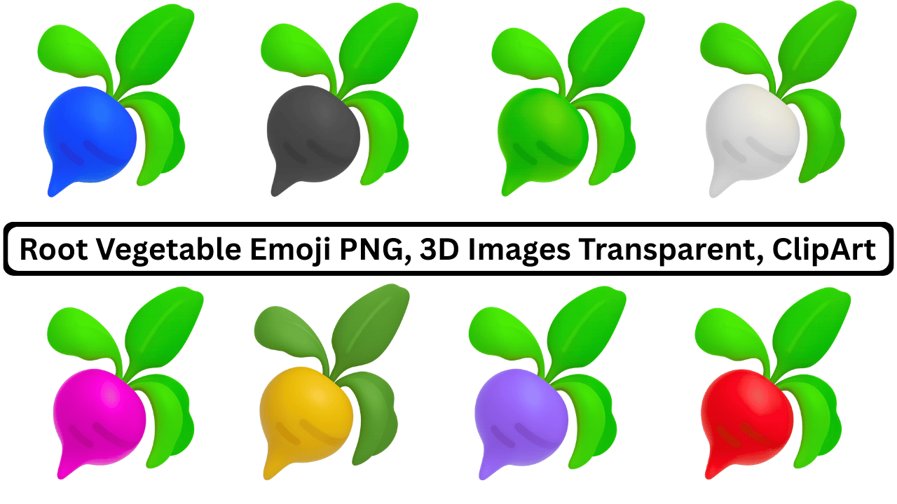 A collection of 3D root vegetable emojis in various colors with green leaves and transparent backgrounds.